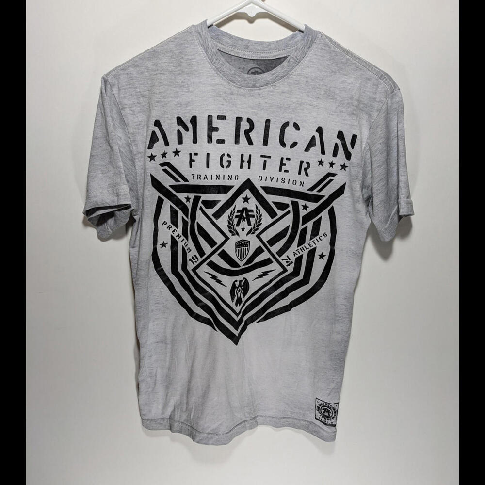 Mens Buckle American Fighter Gray Heather Graphic 2 Sided Crew Neck MMA Shirt S